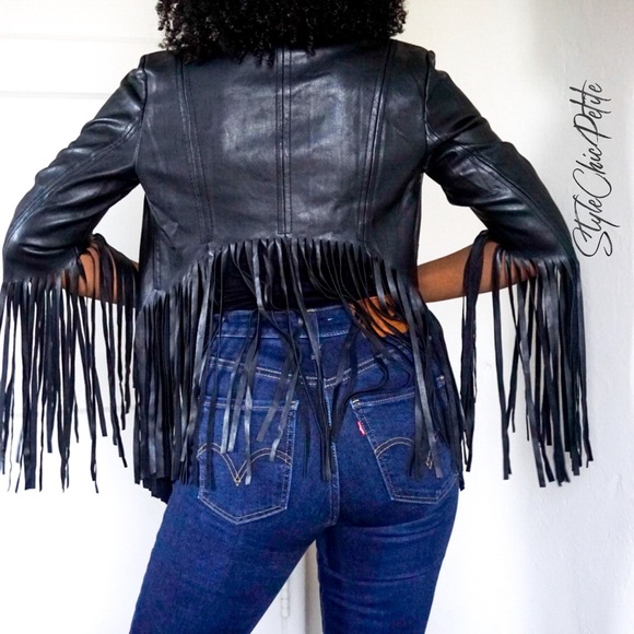 Vakko Jackets & Blazers - VAKKO SPORT Black Fringe Faux Leather Crop Jacket
